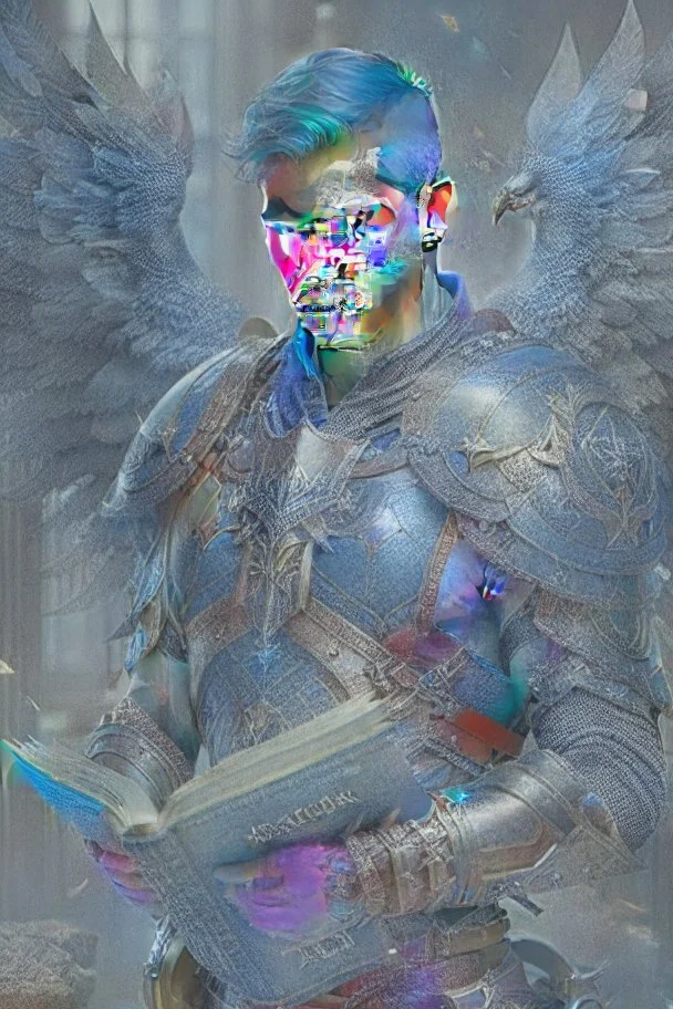 a person in runic armor with blue wings, blue short hair, runic tattoo and spell book