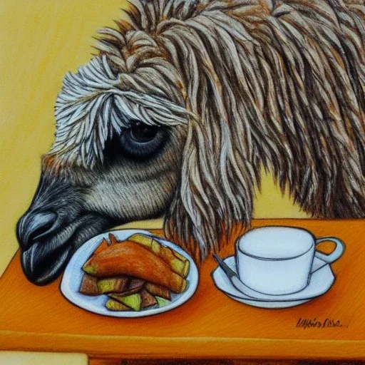 Cute llama is having breakfast. Ink and pencil, colours