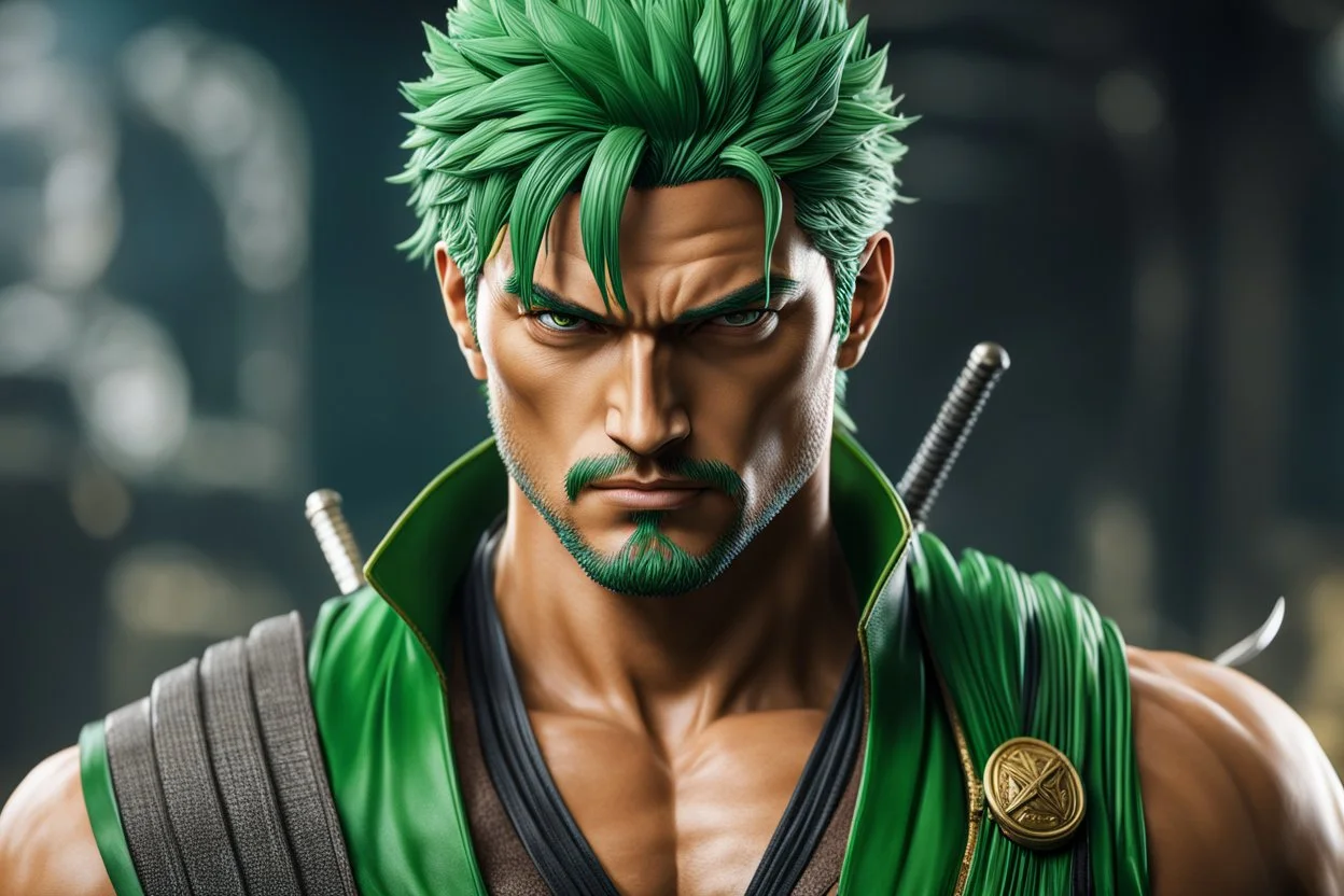 Zoro in 8k live action artstyle, one piece them, dynamic pose, intricate details, highly detailed, high details, detailed portrait, masterpiece,ultra detailed, ultra quality