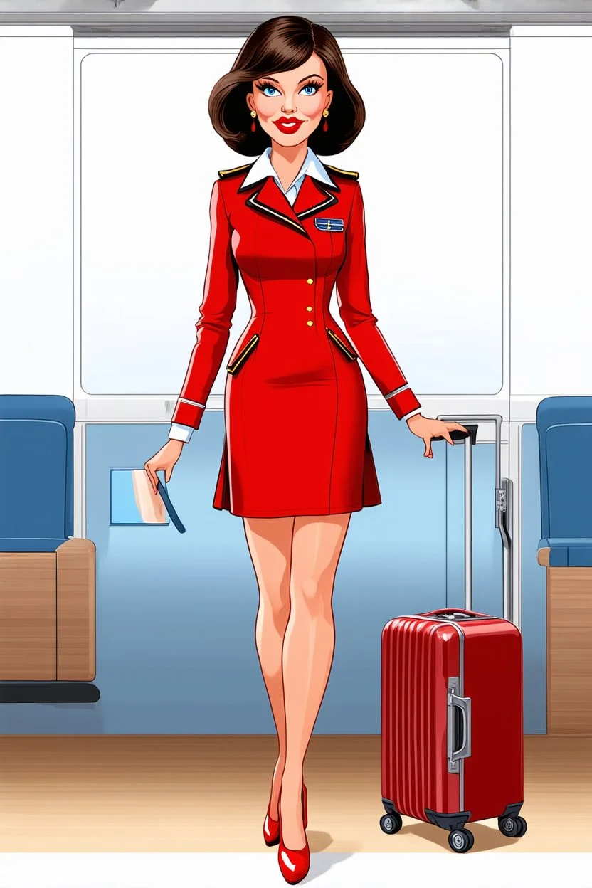 pin-up style realistic cartoon of 50 year old brunette stewardess in short and tight red uniform dress with very red lips and long eyelashes, shiny red heels and a cabin suitcase