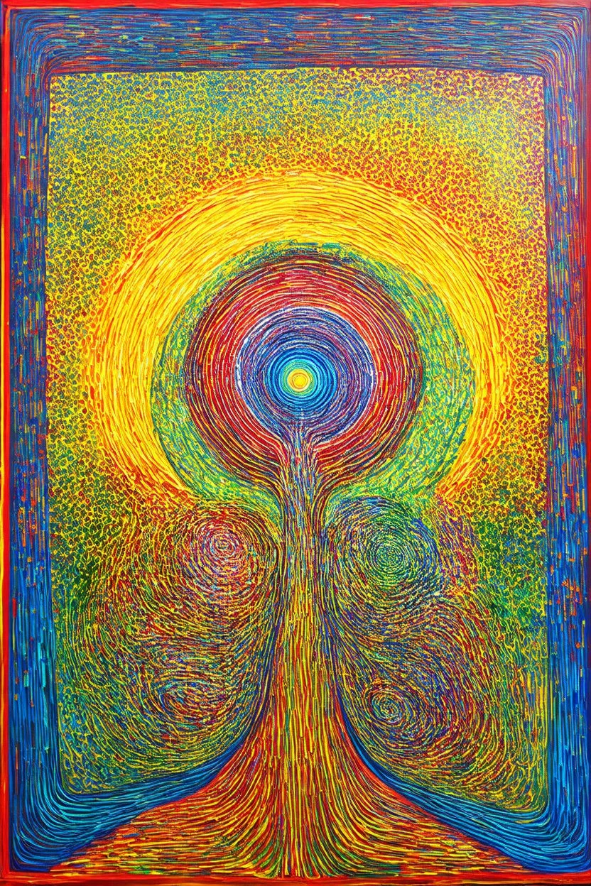 What you seek is seeking you; Ecstatic; Golden Ratio; Acrylic Paint; a pleasing mixture of the styles of Hundertwasser, Cezanne, and Gauguin