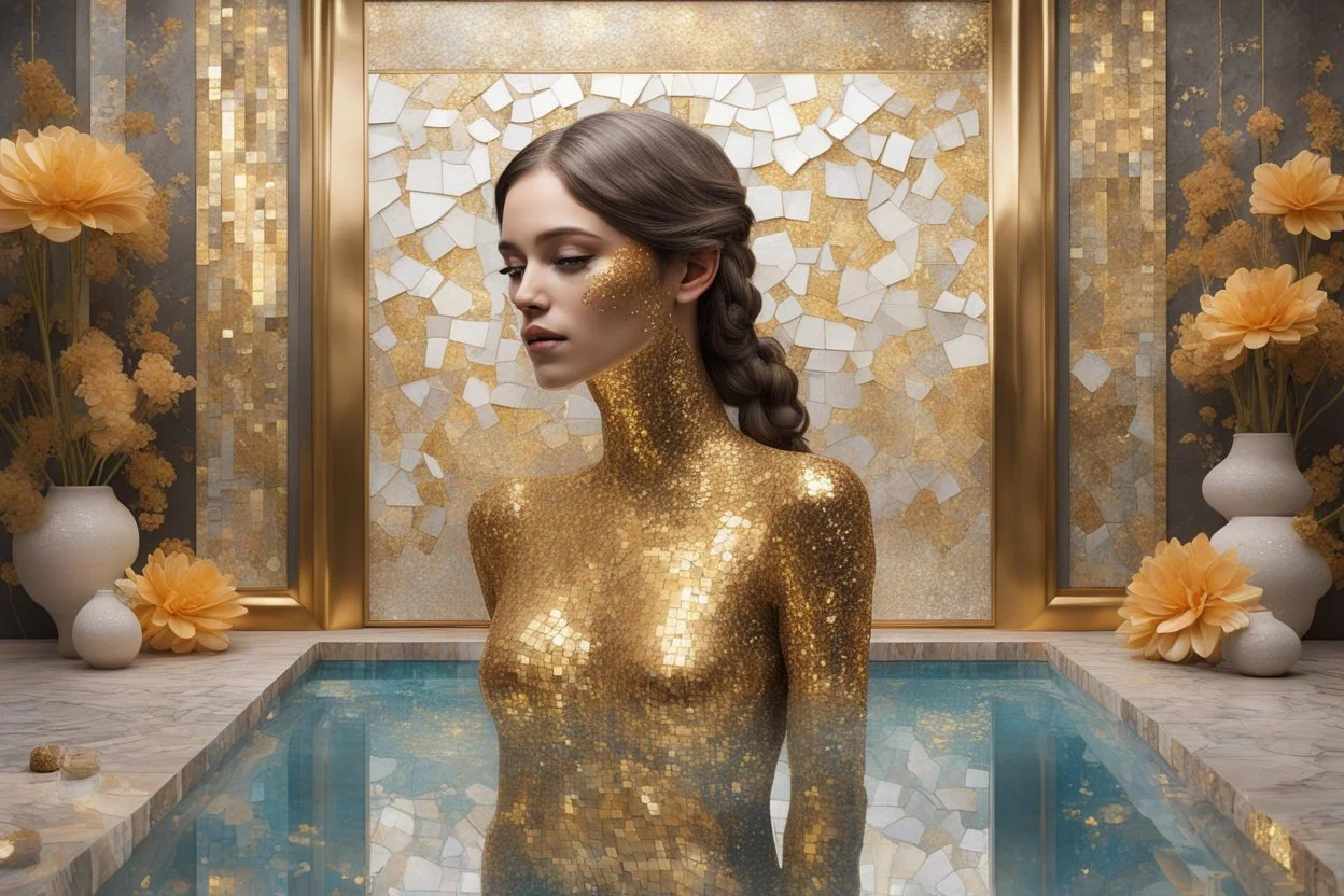 pool mosaic, 3D mirror pieces, beautiful composition, holographic marble pieces, brunette female, dessert shop, flowers, ethereal in sunshine, shading pastel and charcoal golden and ochre, golden glitter, , golden patina, corrosion