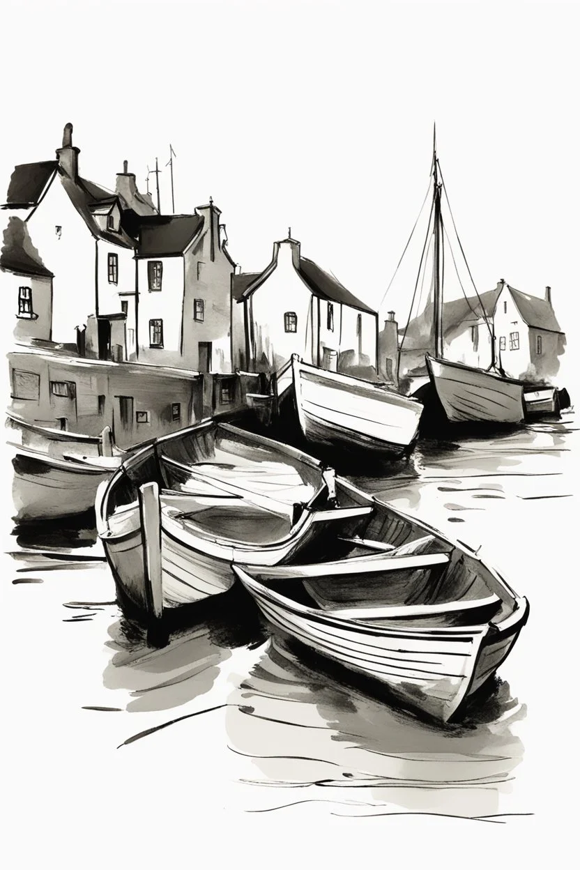 Sketch of English fishing village in style of john singer sargent