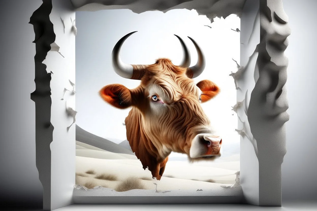 white,background,looking,through,a 3-d, broken,window,with,sharp,edges hole,watching,a,highland cow