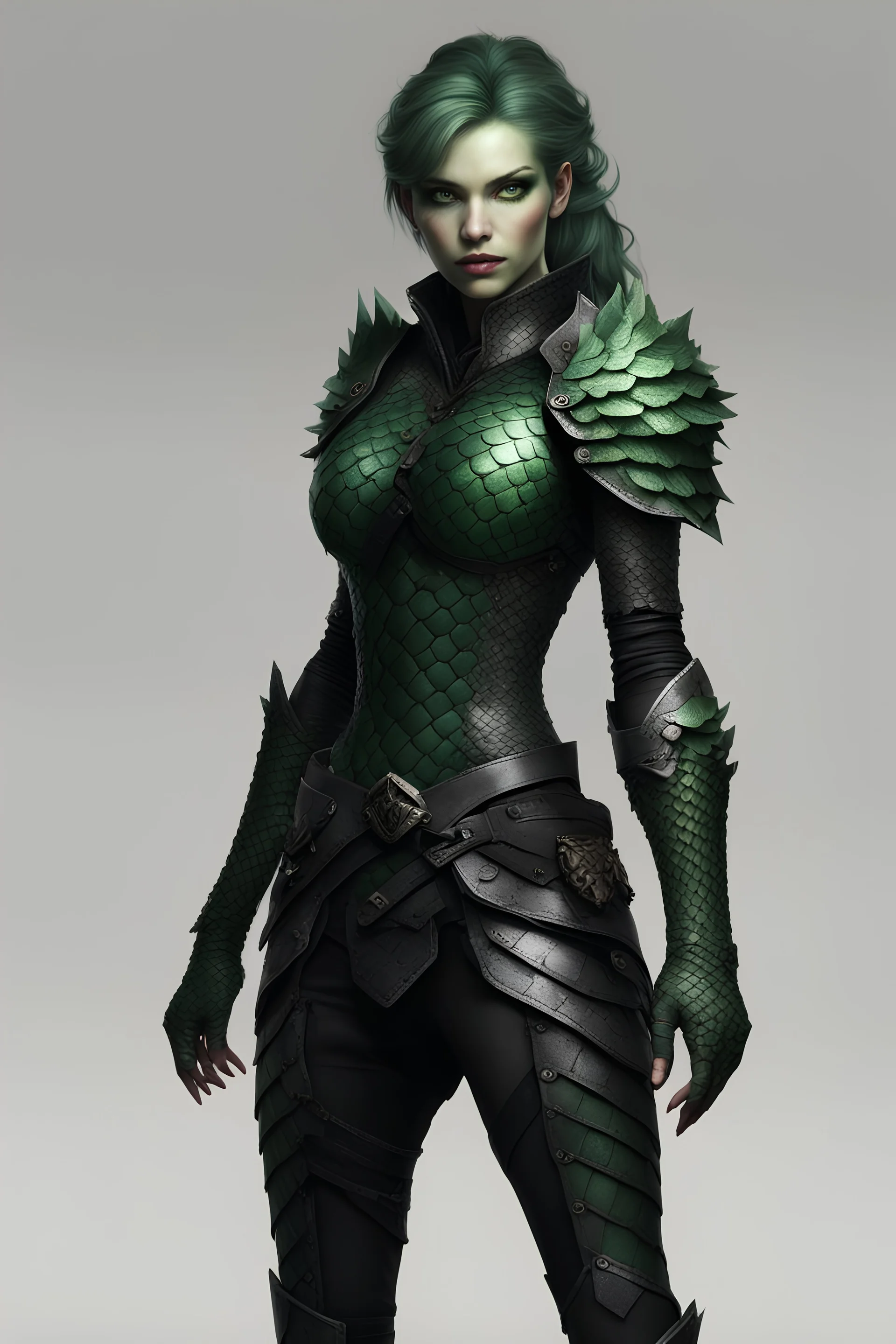 female snake humanoid, green scales, wearing a black leather armor, dungeons and dragons