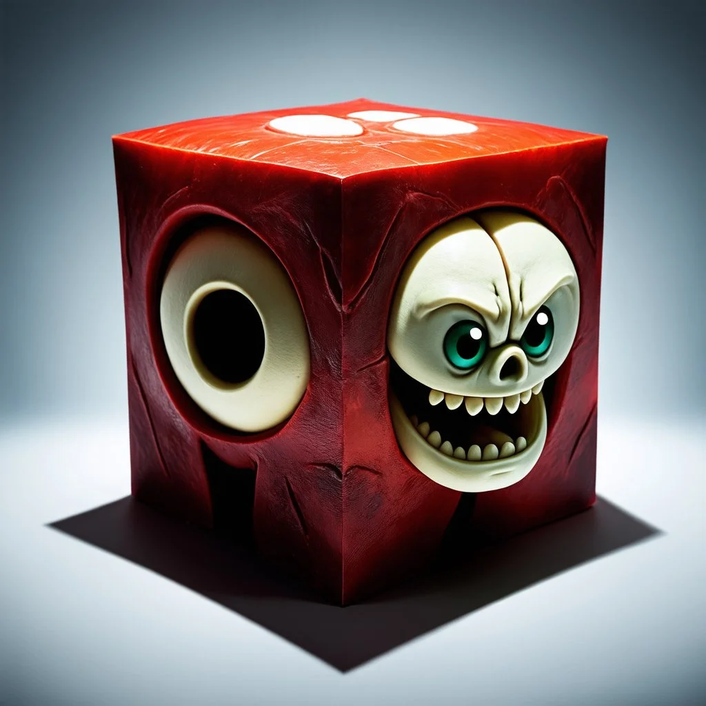 a "mad-balls" type character in a cube shape, 80's foam horror character
