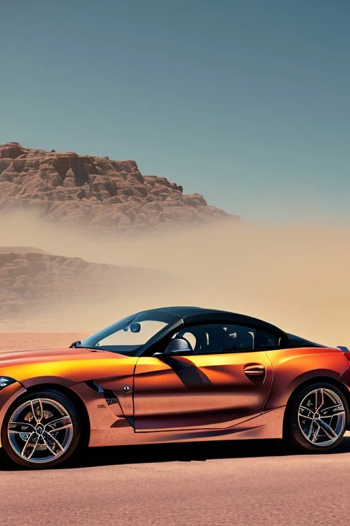 a realistic photo of a bmw z4,the car is spray painted with graffiti, desert background with sand storm to make the car stand out, colorful and stylish graffiti, 12k highly detailed and realistic , Masterpiece, dramatic product shot