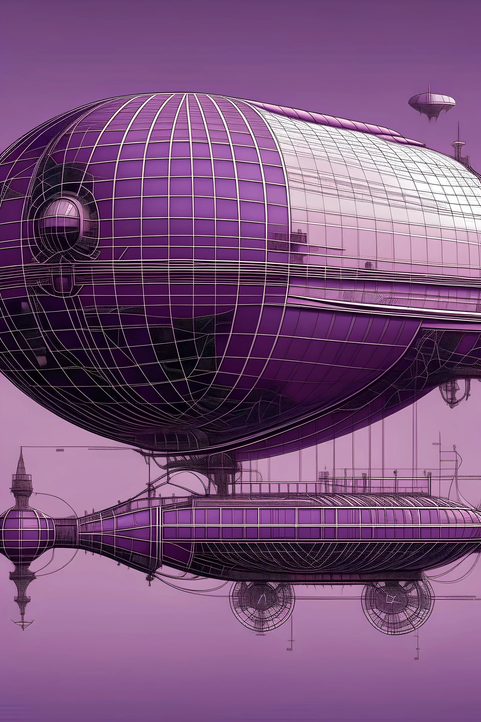 diagramatic infographic structure drawing of fantasy airship, futurelistic, float in purple sky