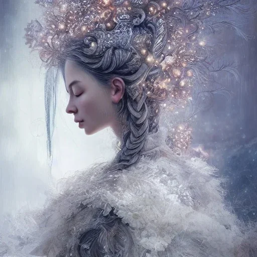 Insanely detailed photograph of an “portrait of gorgeous nordic goddess ” with intricate hair, intricate embroidered dress, beautiful clear face and hyperdetailed painting by Ismail Inceoglu Huang Guangjian and Dan Witz CGSociety ZBrush Central fantasy art album cover art,8K, hdr, romantic, mysterious, ominous, snowflakes, jewelry, comfort, natural eyes, arms open for embrace