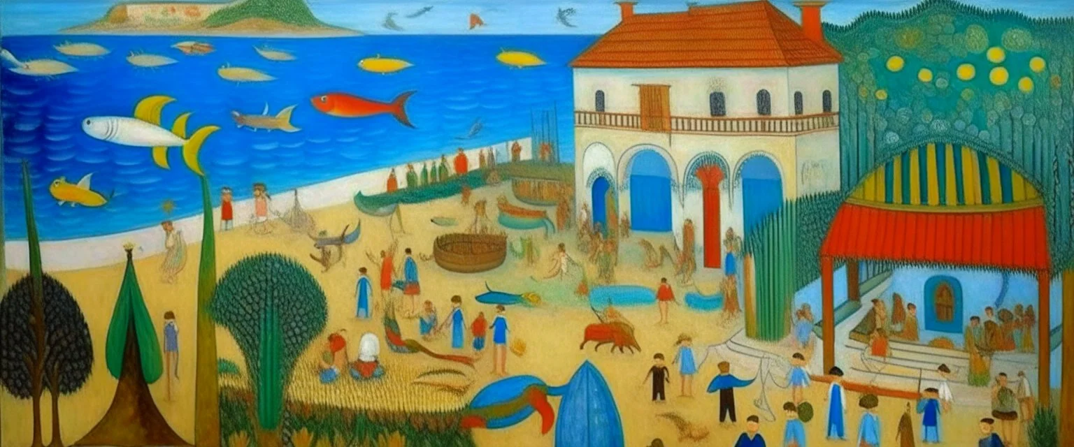 A Resort with marine life painted by Georges Seurat