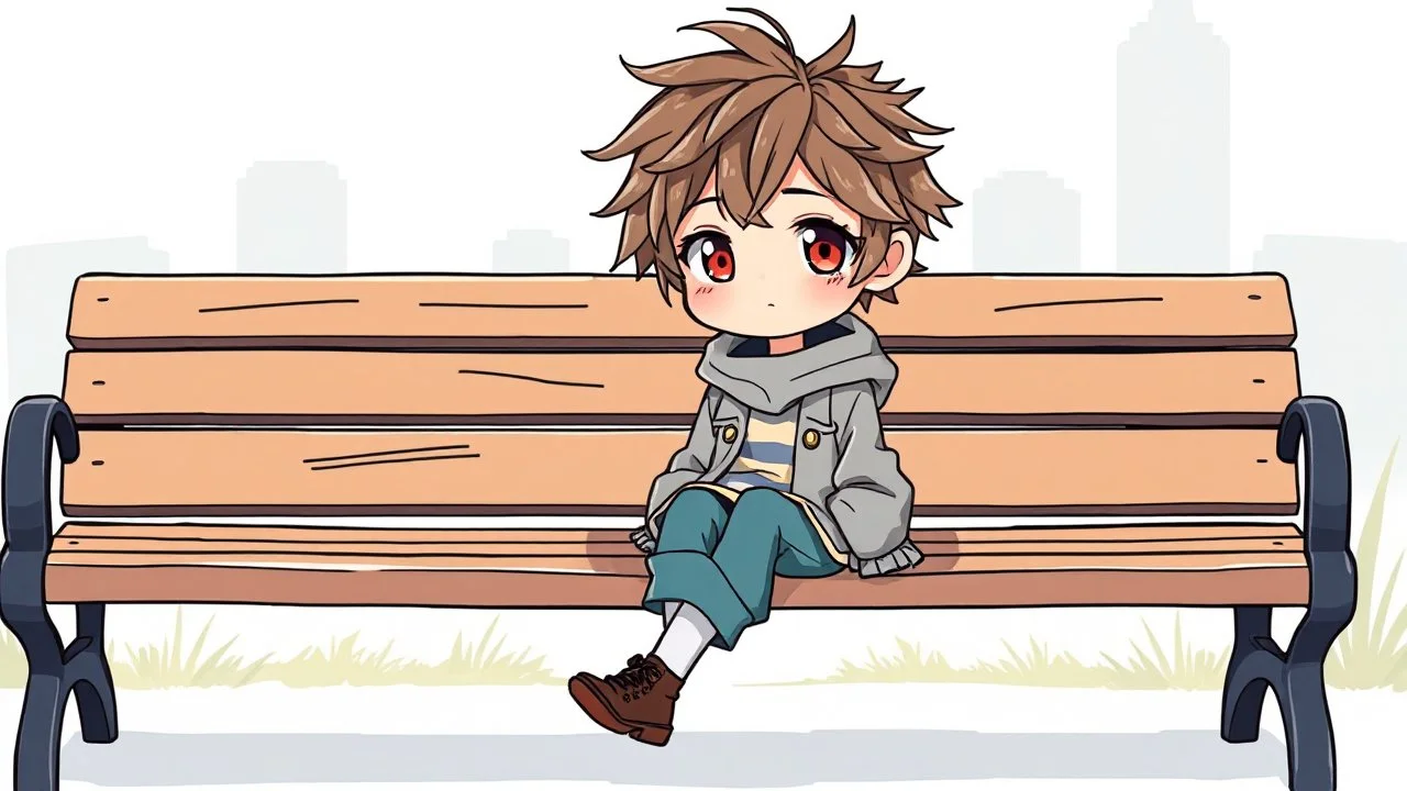 detailed color graphic art style, cute anime, detailed chibi face, sitting in modern-fantasy clothes on bench, messy hair dreamline background, pastel colors childbook style, highly detailed drawing, modern vibe, artwork, no photorealism