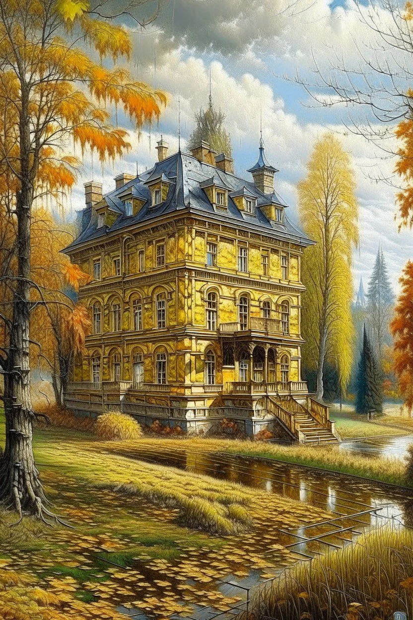 19th century. Mesmerizing, ultra-realistic nature - golden autumn, THERE IS A HEAVY downpour. In the background is a Russian manor of a landowner on one floor. The building is wooden on the 1st floor.