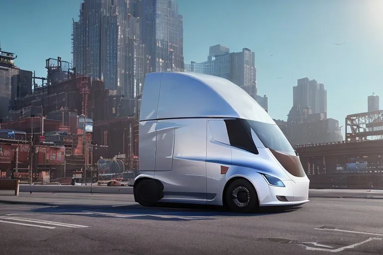 A Tesla 'Semi' (semi truck) is parked, near the 'Pier 11' in Manhattan. (CINEMATIC, WIDE ANGLE LENS, PHOTO REAL)