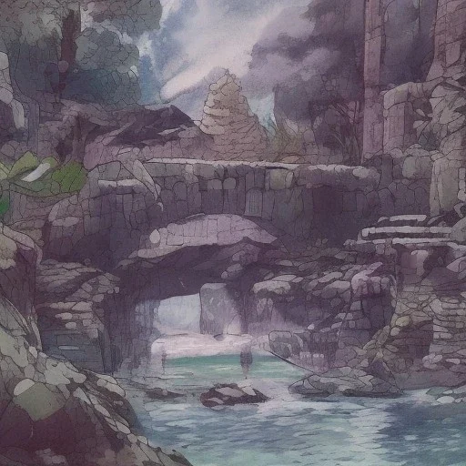 forest river, ruins, concept art watercolor