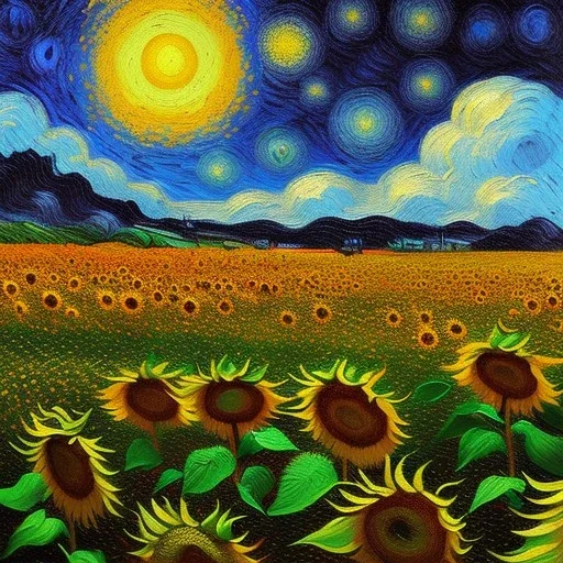 Dibujo al aceite de Campo de Girasoles con muchas nubes de colores estilo Vincent van Gogh