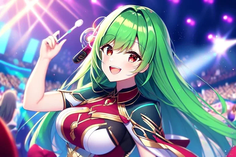 girl, masterpiece, best quality, volumetric lighting, detailed outfit, perfect eyes, long hair, two-tone pink and green hair, red eyes, music stage, micro phone, lens flare abuse, laughing,