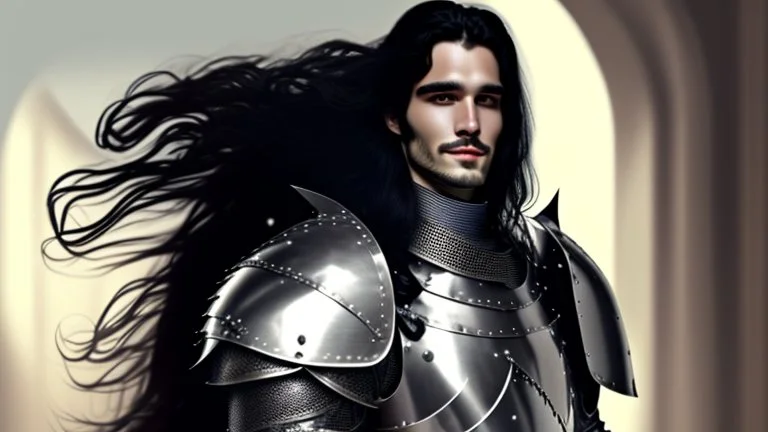 A dashing knight in steel plate armour, long black hair, pretty face, dignified