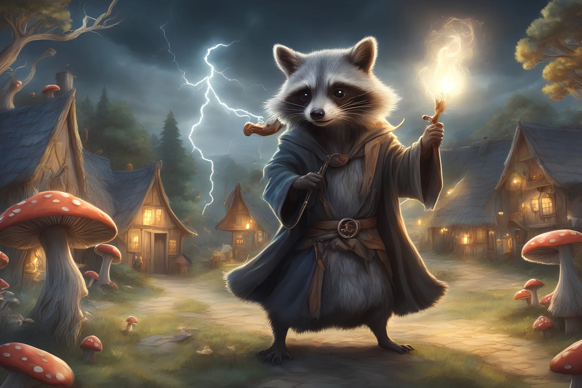crazy-eyed black raccoon wizard casting lightning spells dressed as gandalf near a village with huts and crowd of happy mushrooms