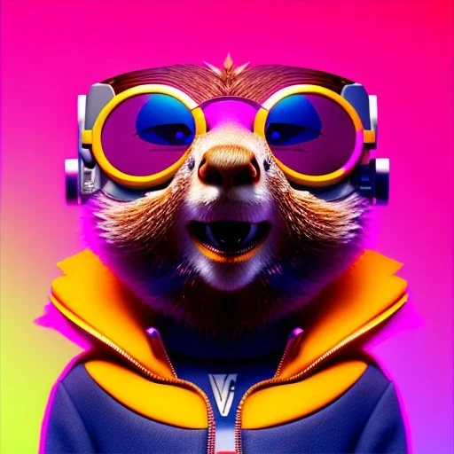 pixar style anamorphic cute marmot baby, smiling, cyberpunk sunglass, gangsta gold neckless, full body, magenta puffer jacket, manila city backdrop, dramatic lighting, hyper realistic, unreal engine 5, 16k