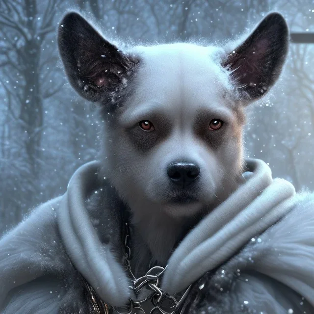 close up of sad, abandoned, miserable dog chained to a tree, robed Grim Reaper standing nearby, winter, house, 8k resolution, high-quality, fine-detail, iridescent, intricate, digital art, detailed matte, volumetric lighting, illustration, 3D octane render, brian froud, howard lyon, selina french, anna dittmann, annie stokes, lisa parker, greg rutowski