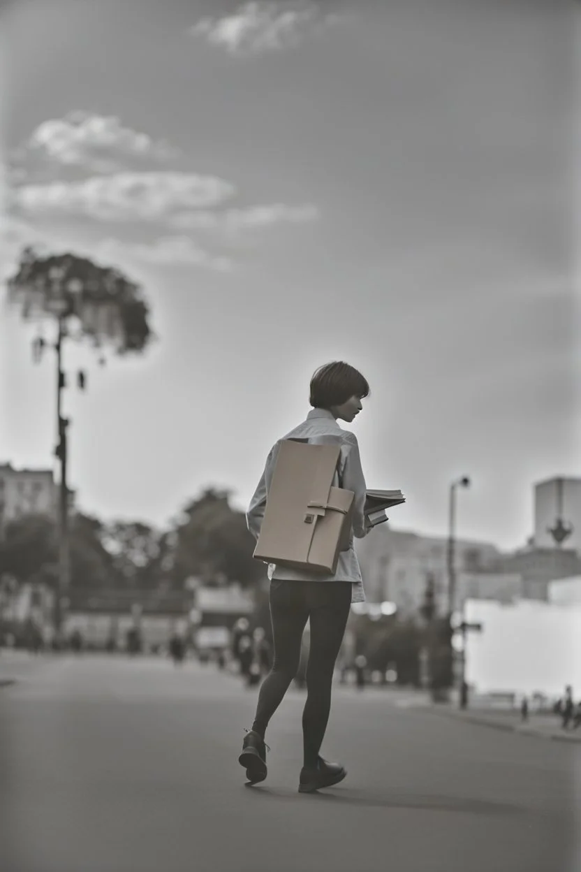 a student girl ,short hair with her books in her hand walking in street,next to trees.