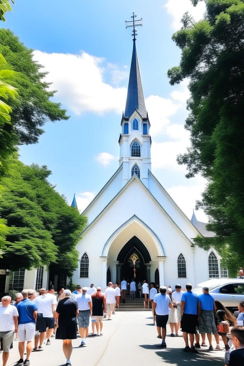 quintessential church with steeple with people walking out of it with the a large marquee