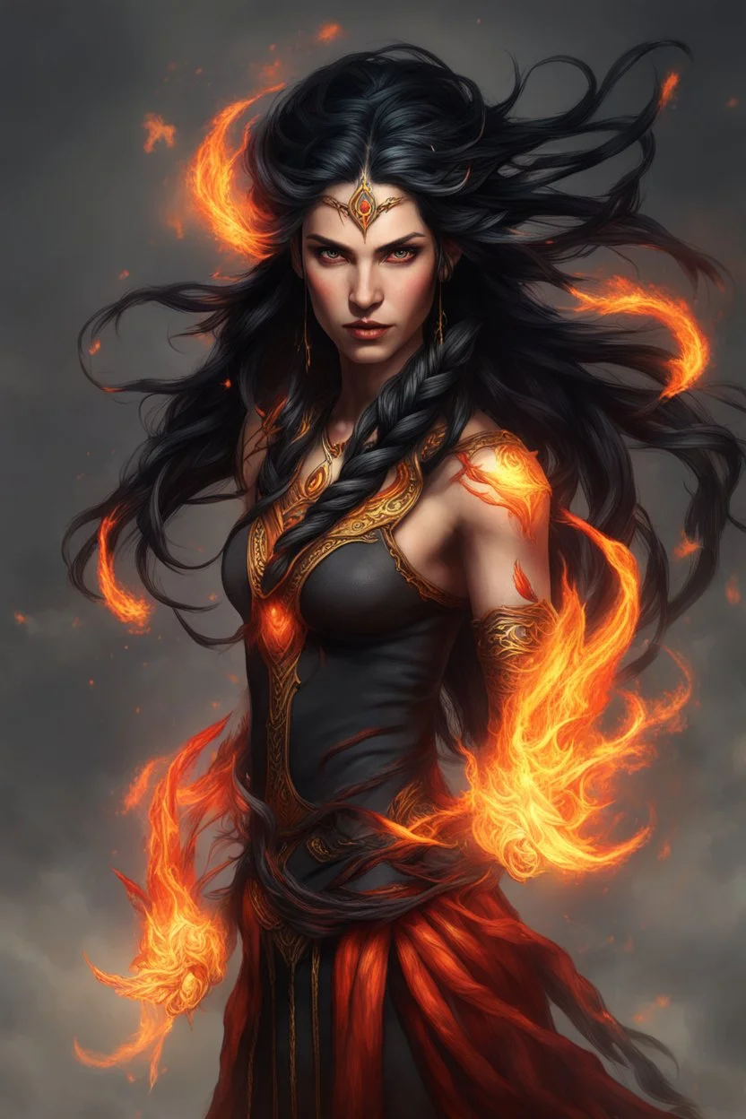 Visualize a fierce eladrin druid with blazing jet-black hair, each strand seemingly on fire, conjuring flames with her hands. Her eyes, a bright red that shines with a fiery intensity, add to the dramatic display of elemental power. The flames dance within the intricate half-braided, cascading hair, creating an entrancing spectacle. Clad in minimalistic armor, she channels magic and fire, a notable scar on her face revealing battles fought.