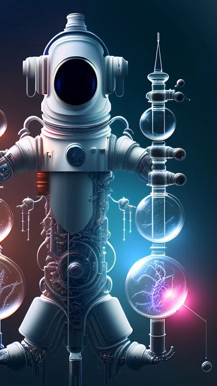 Tesla, detailed and intricate calligraphy ink painting of a "cyborg Mad Scientist" holding beakers, outer space Background cosmic fractals, dystopian, concept art, unreal engine 5, god rays, ray tracing, RTX, lumen lighting, ultra detail, volumetric lighting, 3d, finely drawn, high definition, high resolution. award-winning: professional portrait: atmospheric: commanding: fantastical: clarity: 16k: ultra quality: striking: brilliance: stunning colors: amazing depth: masterfully crafted