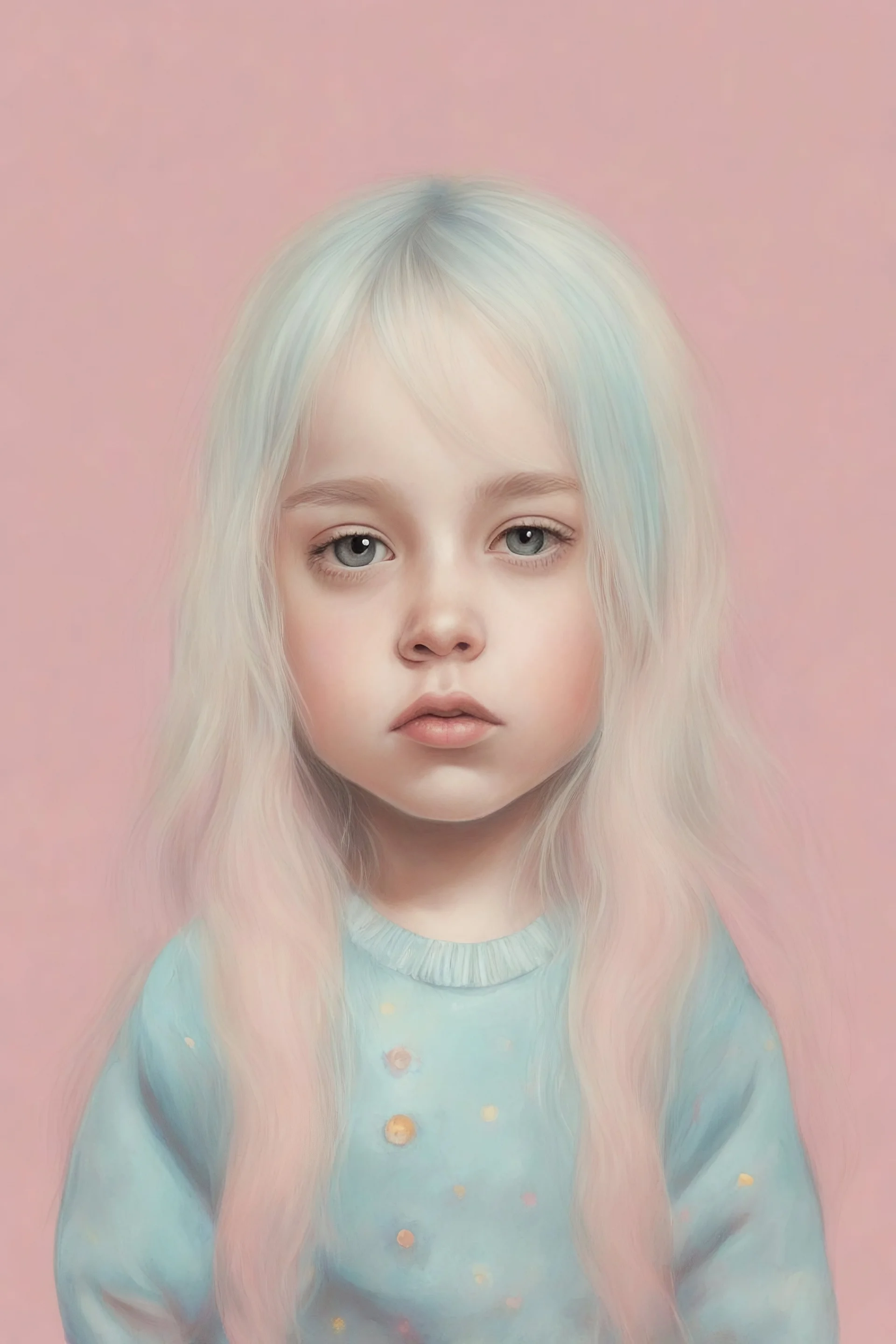 Illustration of billie eilish as a toddler, style of Marcel Marlier, pastel colors