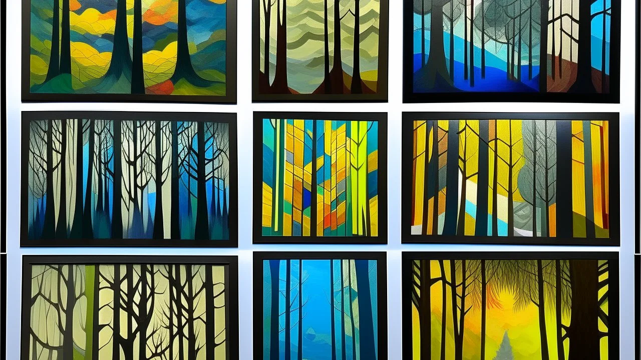 This image is a collage of twelve abstract paintings, each framed within a square. The artwork is rich in color and texture, with a variety of styles and themes. The top row features a painting of a dense forest with tall trees and a soft, misty atmosphere, followed by a vibrant blue and yellow geometric pattern. The third piece shows a close-up of a tree trunk with intricate bark details.
