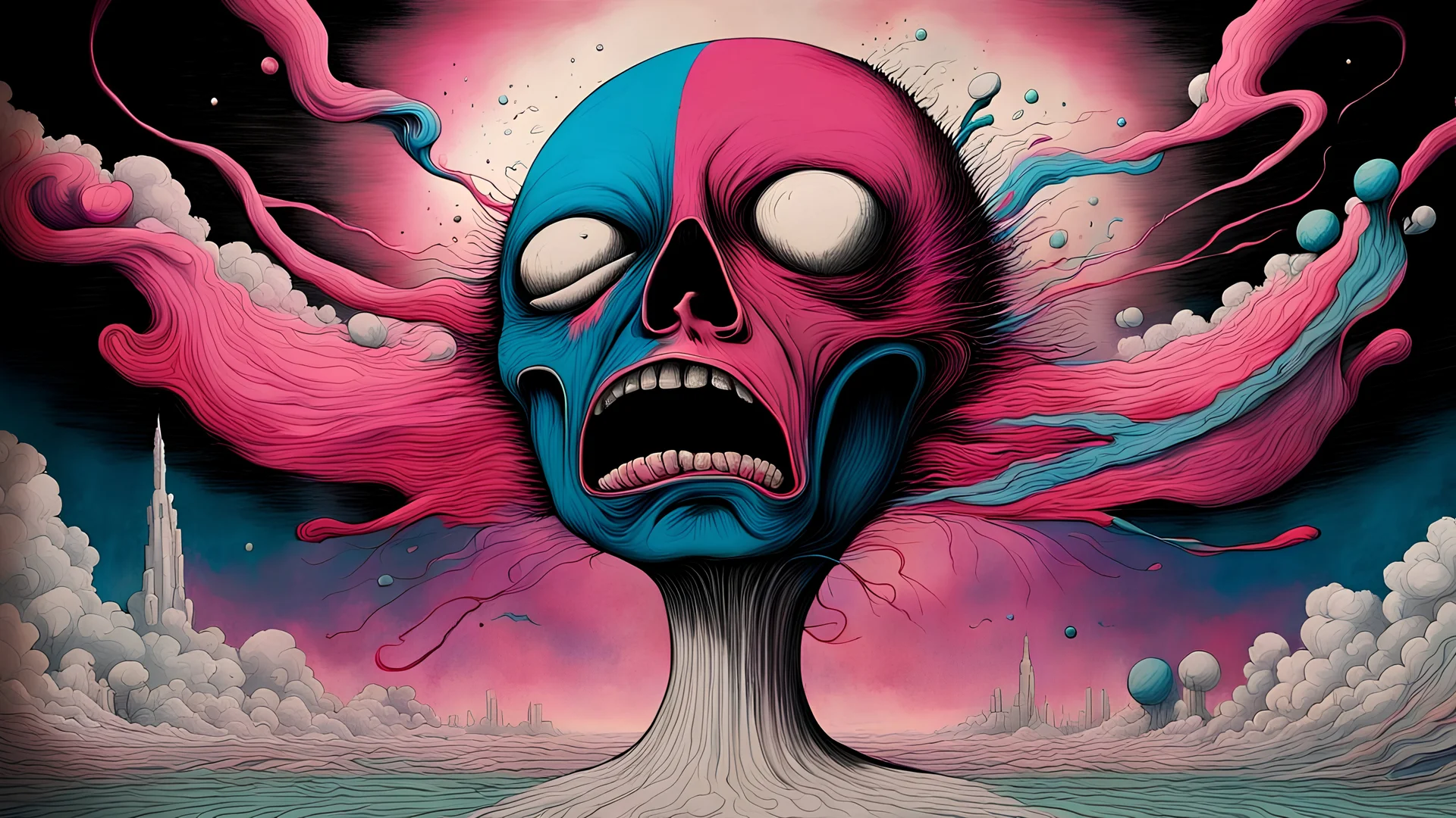 And if your head explodes with dark forebodings too || surreal tribute to Pink Floyd, psychedelic, in the styles of Skinner and Alex Pardee and Gerald Scarfe, mixed media, imperial colors, cinematic, sharp focus, epic masterpiece