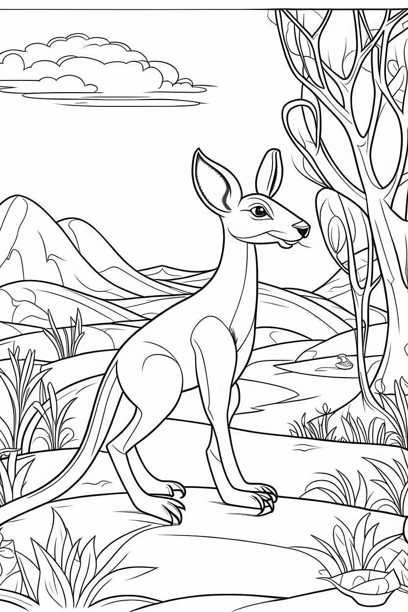 kangaroo in an Outback scene., clean line art, white background, no shadows, well outlined, for kids coloring book, cartoon style.
