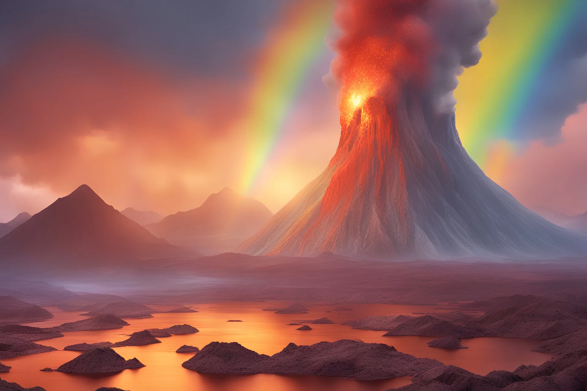 giant magma monster emerging from magical rainbow volcano