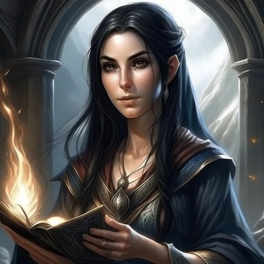 a powerful sorcerer, elder scrolls, female, pretty, attractive, hermaeus mora, black hair, aged 13