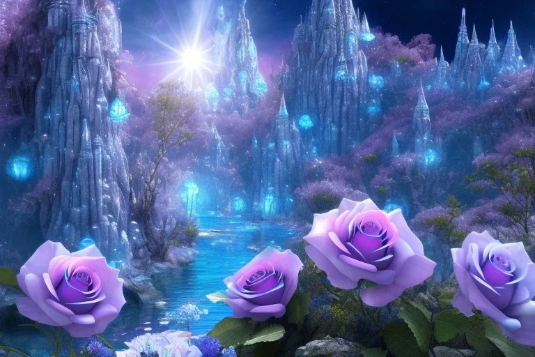 blue crystals dwellings of eldervale fleuri buganvillier rose, soleil,lac bleu, lumieres bleu,pont fleuri, cascade bleu