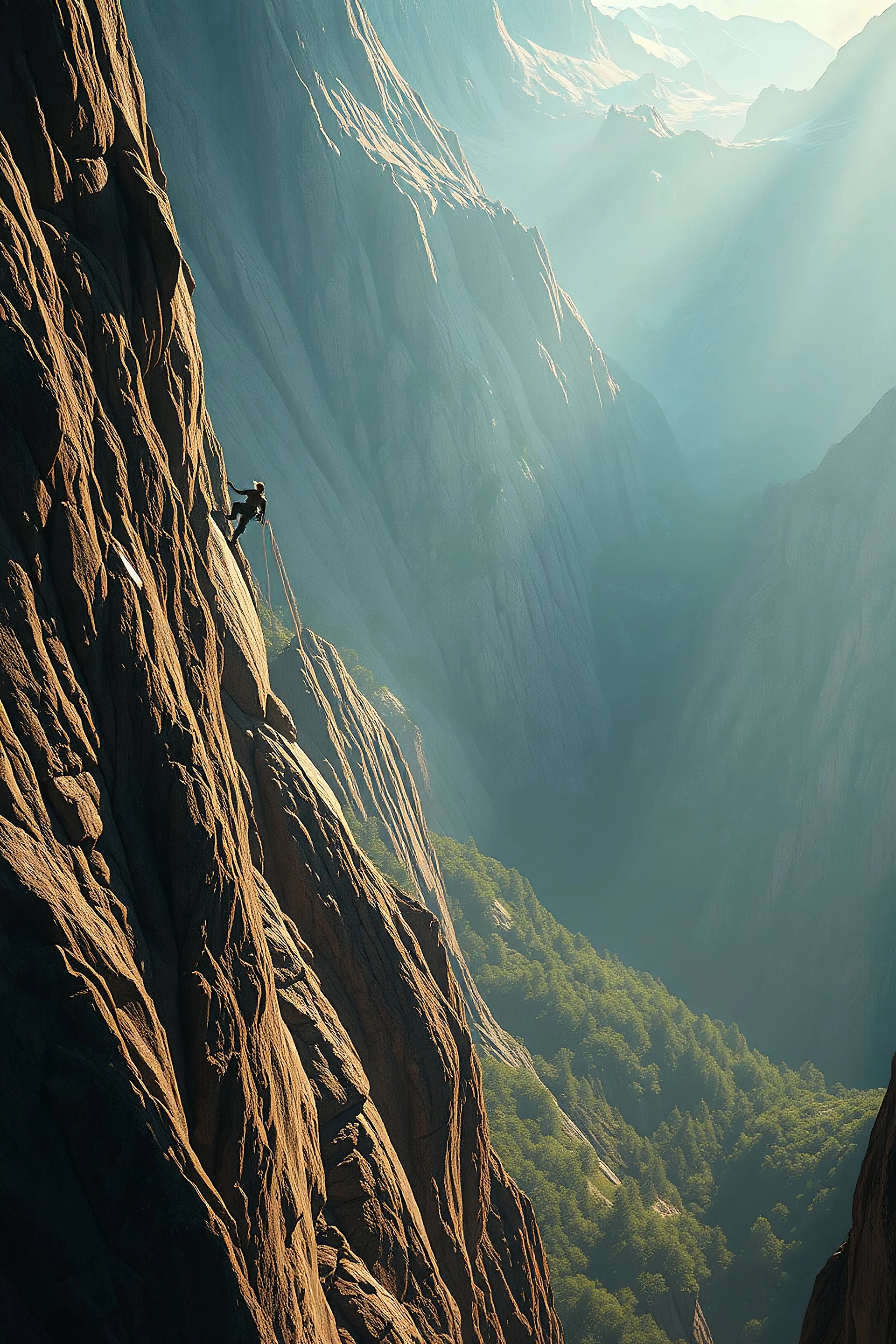 3.000 feet tall ravine. a man climbing the mountain with rob . fantasy concept art, dynamic lighting, hyperdetailed, intricately detailed, deep color, Unreal Engine, volumetric lighting, Epic cinematic brilliant stunning intricate meticulously