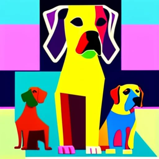 Cubist painting of humans and dogs standing next to each other in different colors and sizes, Cubist painting by Kees Maks, featured on dribble, informal art, cubism, picasso, art on instagram