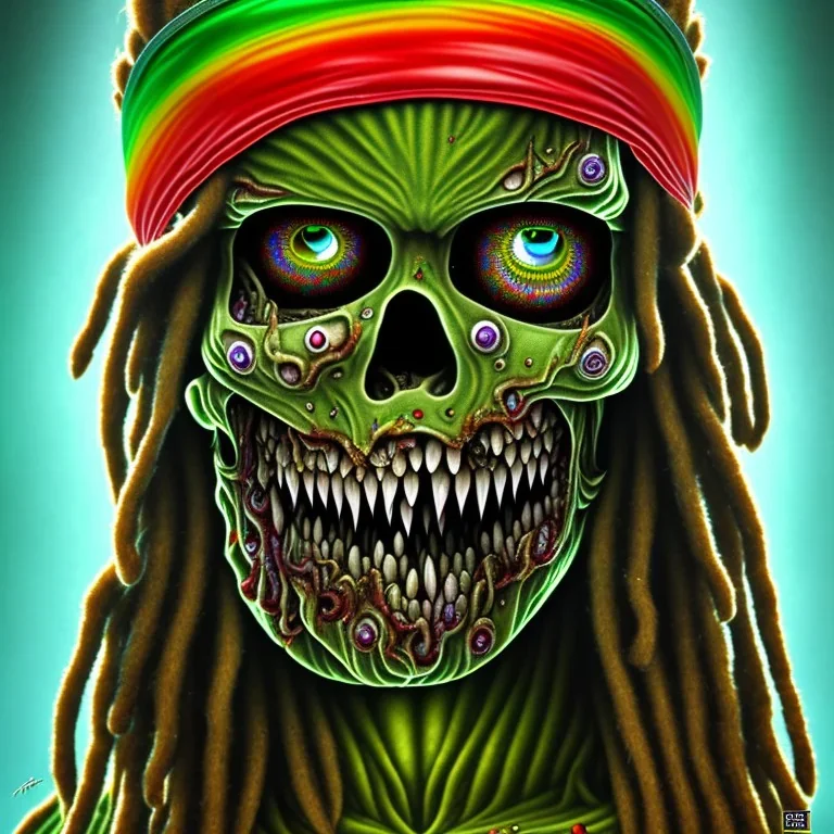 Visage Zombie rastafary iron maiden feuille cannabis, yeux rouges, bandeau couleur rasta