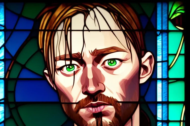 Stained glass window of Thom Yorke's face
