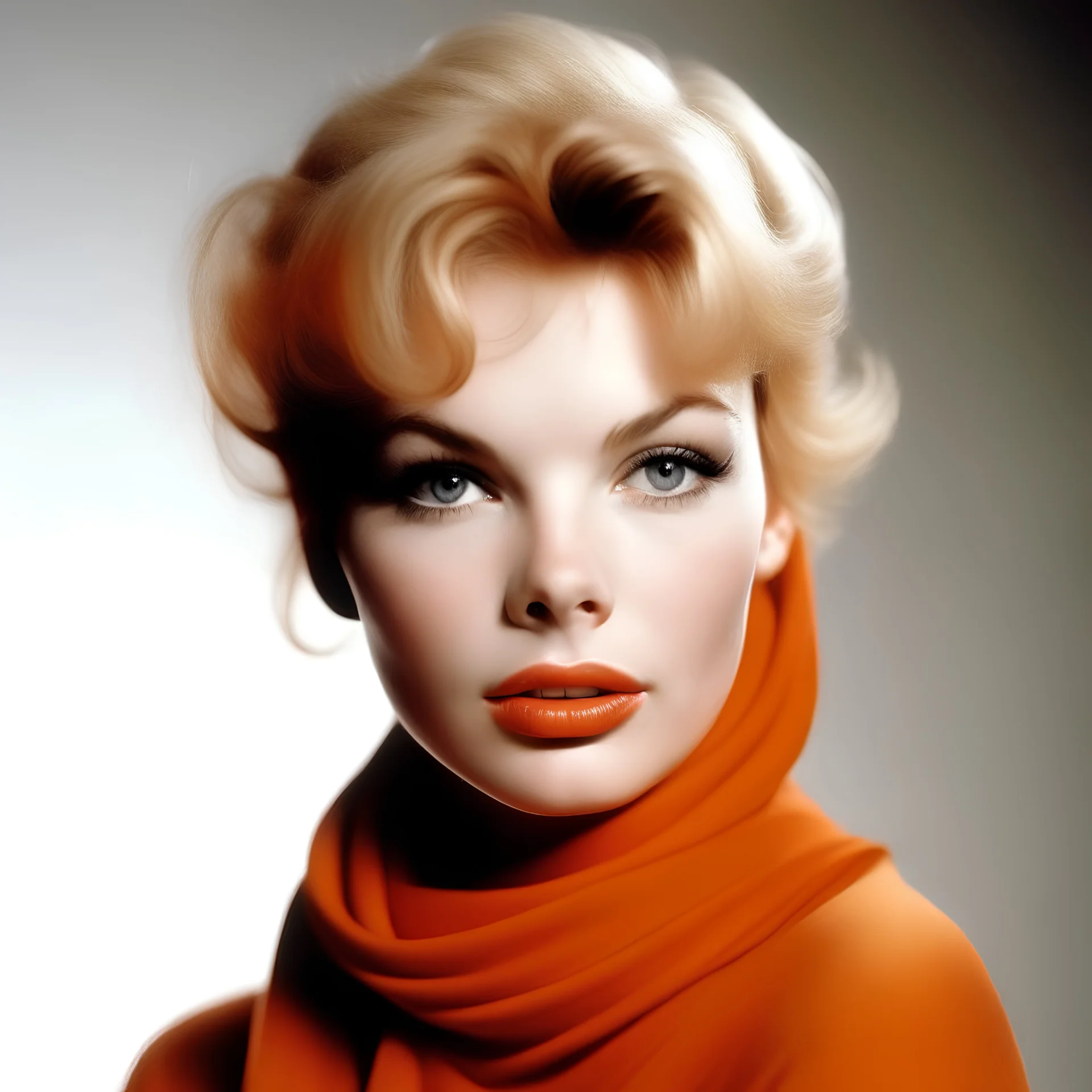 A photograph of stella stevens with, with spiky hair, no make up, in the style of milton greene, a pale orange silk scarf around her shoulders, white bacground