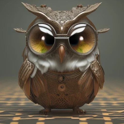 Steampunk Owl, tilt shift,miniature, extreme detail, Photorealism, macro lens 100mm, cinema4d, HDR, 8k, unreal engine 5