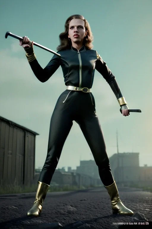 retro portrait image from 1960, Moscow background, wind, long hair, fighting stance, sweet young Scarlett Johansson, classic black tight lycra suit, metal stick weapon, gold bracelet and belt, high heel boots, soft color, highly detailed, unreal engine 5, ray tracing, RTX, lumen lighting, ultra detail, volumetric lighting, 3d, finely drawn, high definition, high resolution.