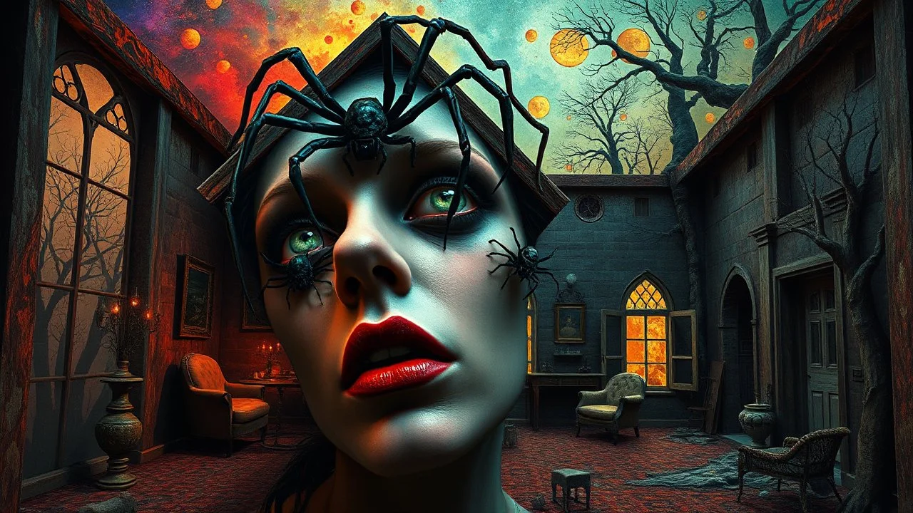 Surreais Zdzisław Beksiński, Dan Mumford style, three dimensional digital art, colorful art, eerie, horror-inspired gothic sierpinski spiders climbing on a woman's face open section house old bauhauart psyxhsdelic art background. the scene's macabre and dramatic feel. and psychedelic