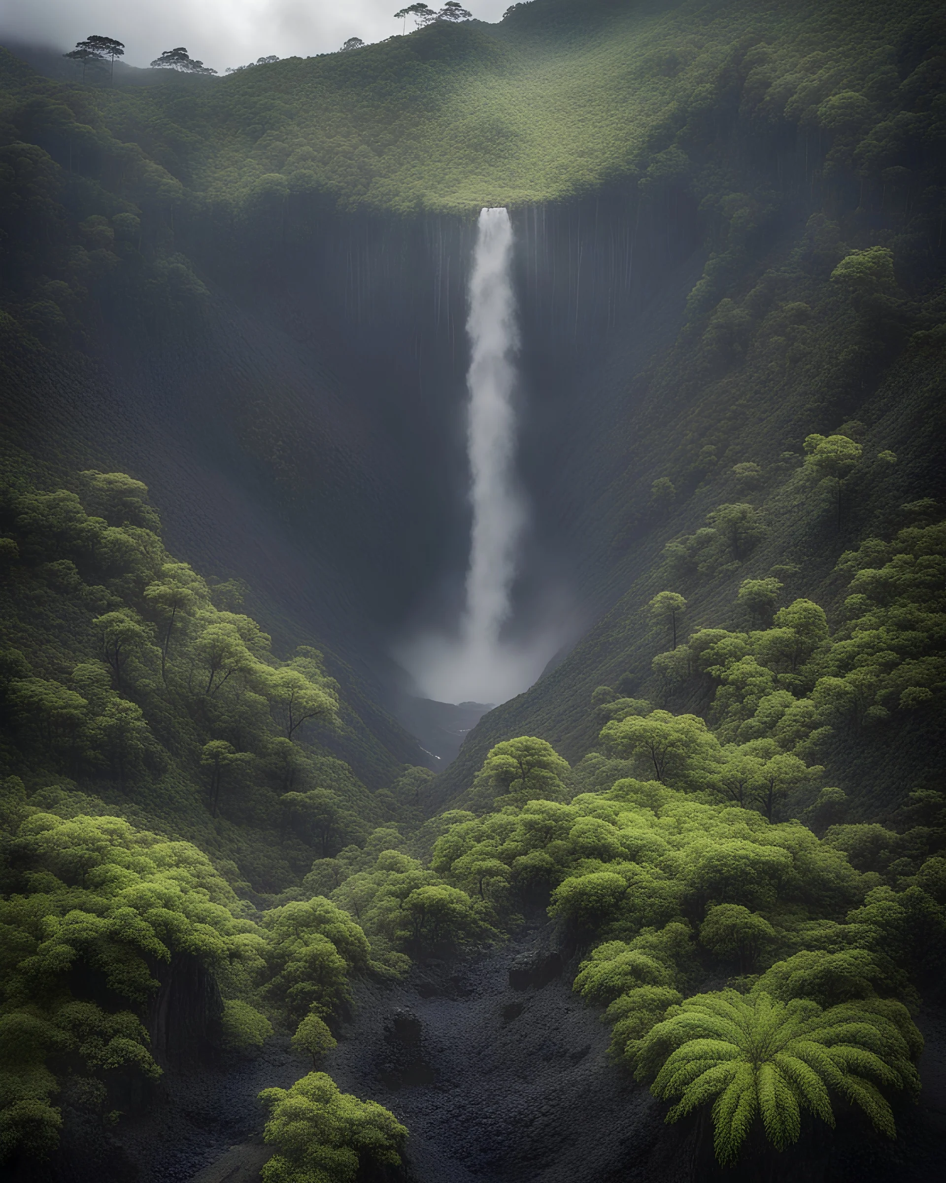 The forest inside the silent volcano where streams of water are pouring into the volcano's crater