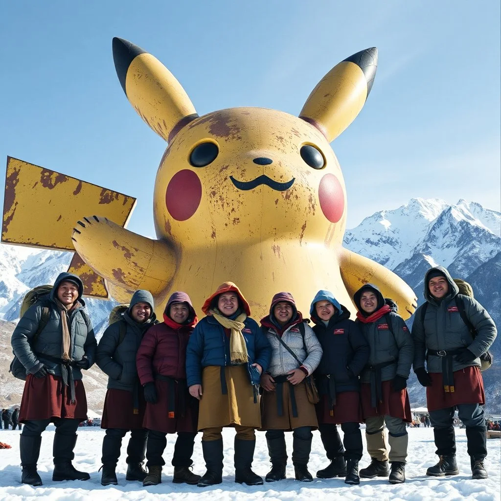 Several mountain guide Tibetan sherpas dressed in traditional grab posing in front of an enormous colossal badly rusted and weathered fantastical metal statue of pikachu, snow, mountains in background, absurd, 35mm film