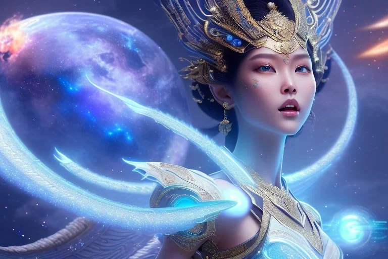  beautiful cosmic asiatic woman with blu color skin, long hair, nice smiling, magic glamour make up, delicate colors, beautiful glamour galactique dress, ultra sharp focus, 8k, unreal engine 5, extremely sharp detail, light effect, soft light atmosphere of a spaceship, smooth, full of details, face in front, complete vision of face and hair and body