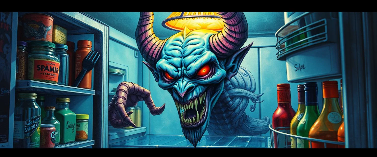 colorful pen and airbrush of twisted demon in the fridge as fantasy art in the style of giger and escher