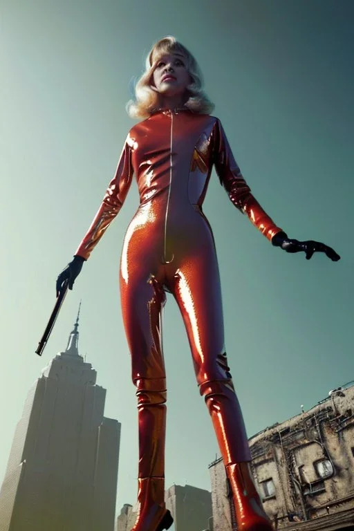 Ultra Realistic retro sci-fi portrait New York image from 1960, space ship, sweet young Jane Fonda, tight latex suit, weapon, fighting stance, soft color, highly detailed, unreal engine 5, ray tracing, RTX, lumen lighting, ultra detail, volumetric lighting, 3d, finely drawn, high definition, high resolution.