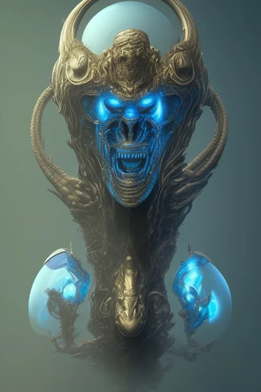 blue alien, cracks in the head, evil, Asian eyes, weapons, blood, 8k, finely detailed, photo realistic, Boris Vallejo style turquoise skull head gold dragon space alien rain skeleton Viking helmet Black background