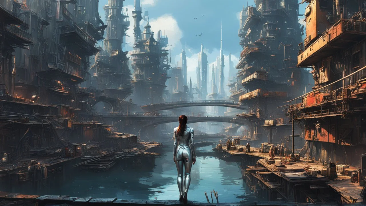 woman in a silver catsuit looking at a view of buildings made of reused dirty rusty metal next to a futuristic canal junction, cyberpunk, many painted colours, flying boats, balconies, bridges, shops, fifth element, ghost in the shell, altered carbon, Ian McQue a masterpiece, 8k resolution, dark fantasy concept art, by Greg Rutkowski, dynamic lighting, hyperdetailed, intricately detailed, Splash screen art, trending on Artstation, deep color, Unreal Engine, volumetric